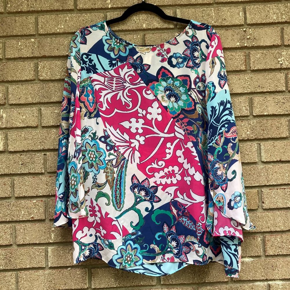 CHICO's Geometric Print Colorful Floral Blouse Size XL